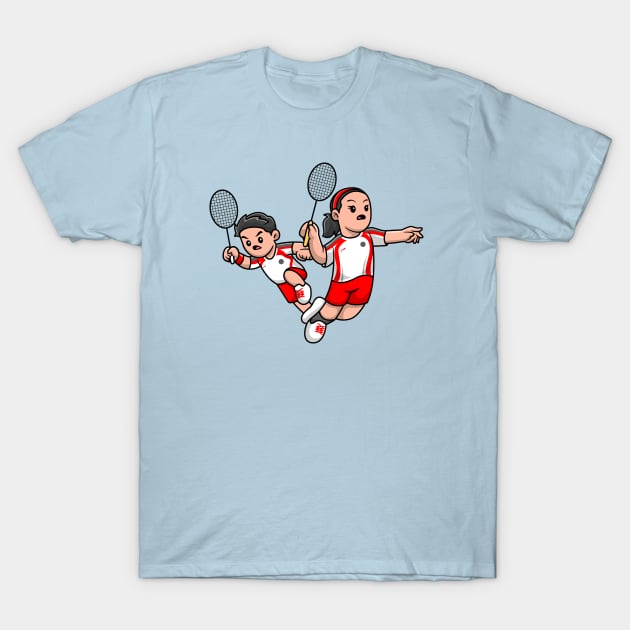 Cute Boy And Girl Playing Badminton Cartoon T-Shirt by Catalyst Labs